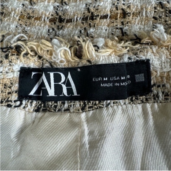 ZARA Tweed Blazer, Vegan Leather Pocket Flaps, Fringe Trim, Size M. - Picture 9 of 15